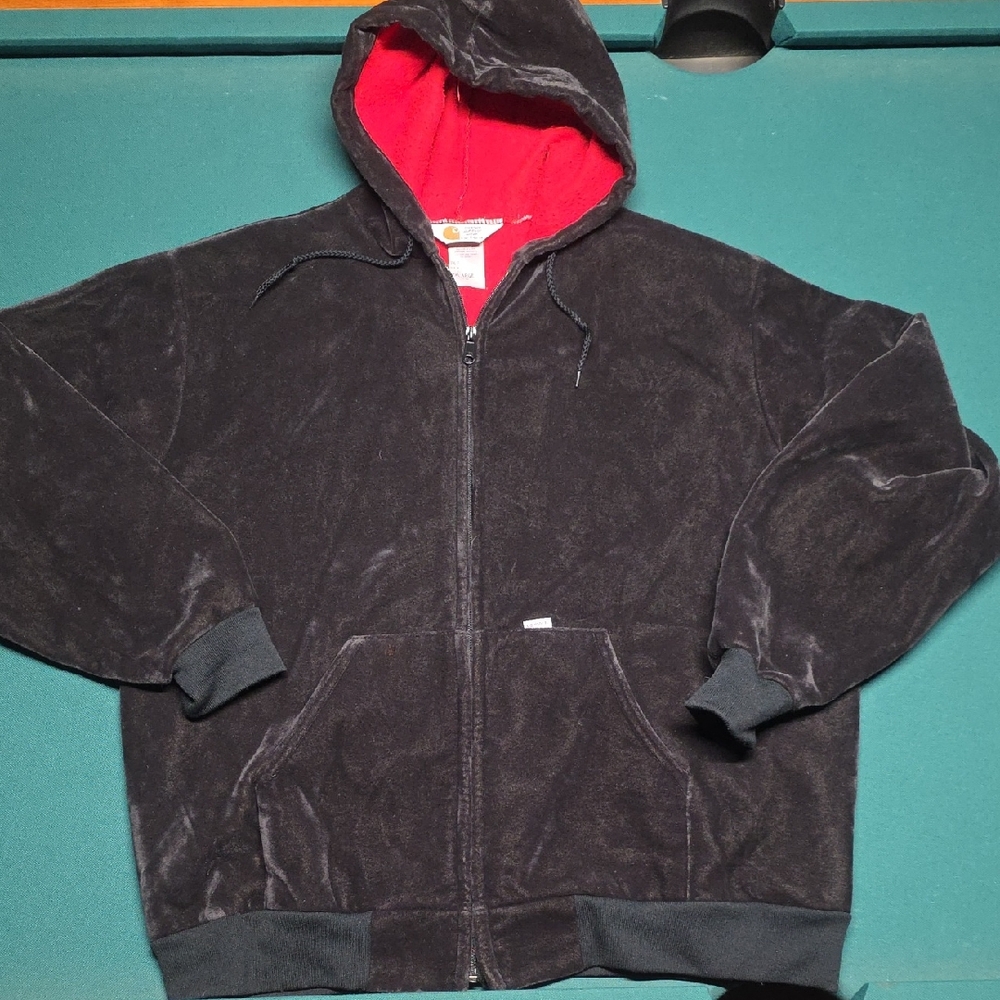 Vintage Carhartt Velour Black Full Zip Draw String Hoodie Men's 2XL Made In USA